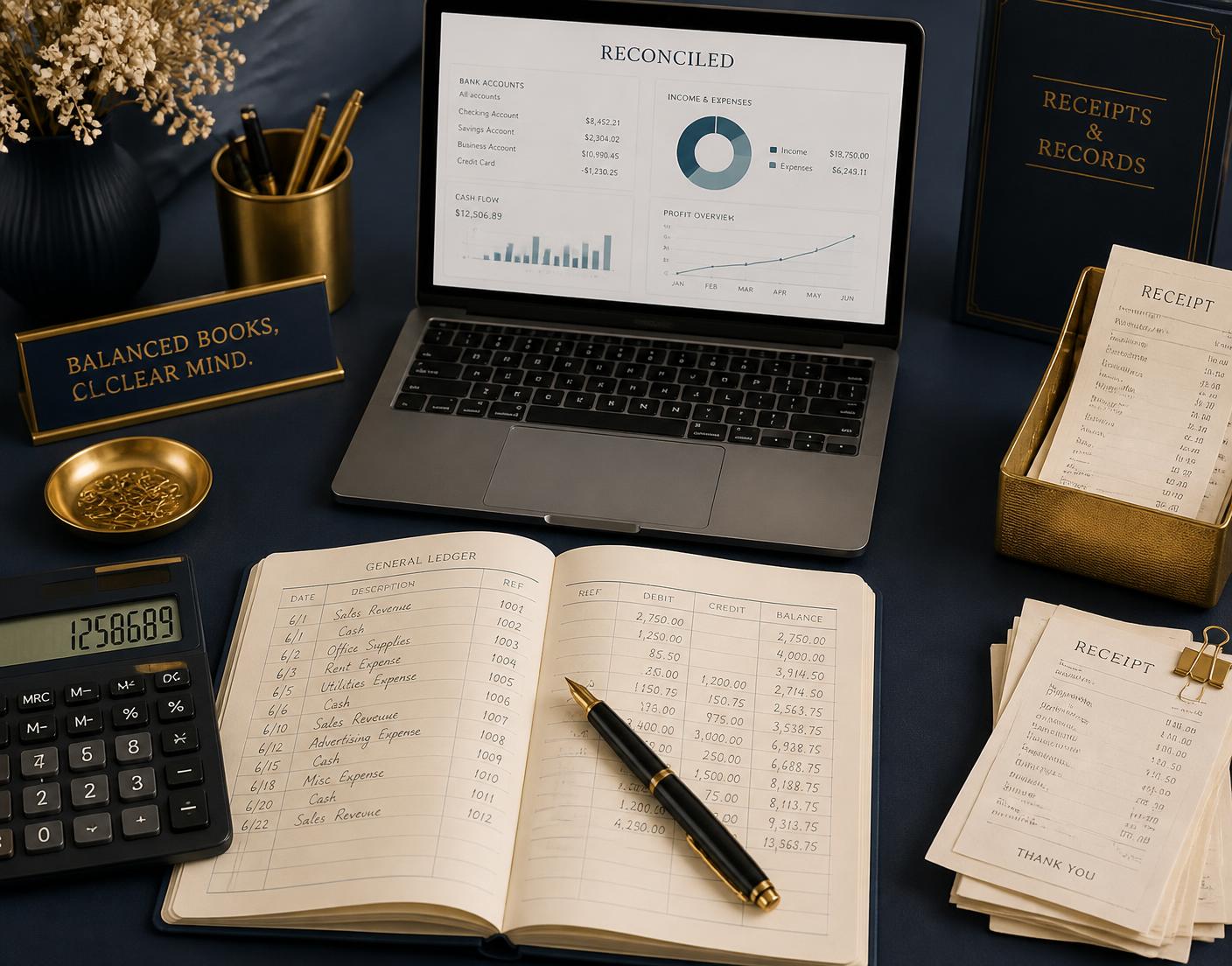 A bookkeeper's desk with an open ledger, calculator and laptop showing reconciled accounts